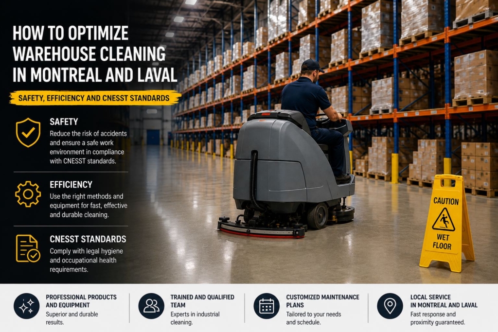 Industrial warehouse with polished floors, organized storage racks, and professional floor cleaning equipment in a clean and modern environment.
