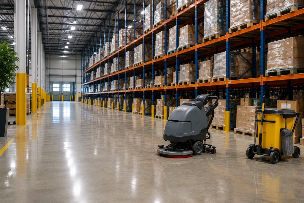 Clean industrial warehouse with polished concrete floors, organized storage shelves, and professional floor cleaning equipment in a modern commercial facility.