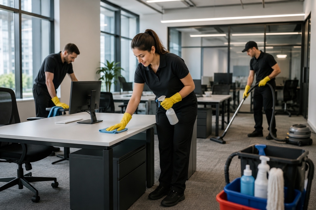 équipe de nettoyage commercial Montréal dans un immeuble de bureaux Professional commercial cleaning staff maintaining office workspace in Montreal